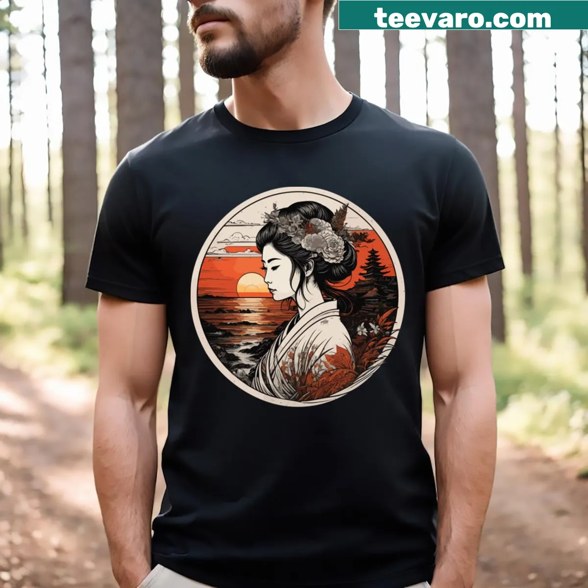 Illustrated vintage Japanese sunset t-shirt design — on a men's t-shirt