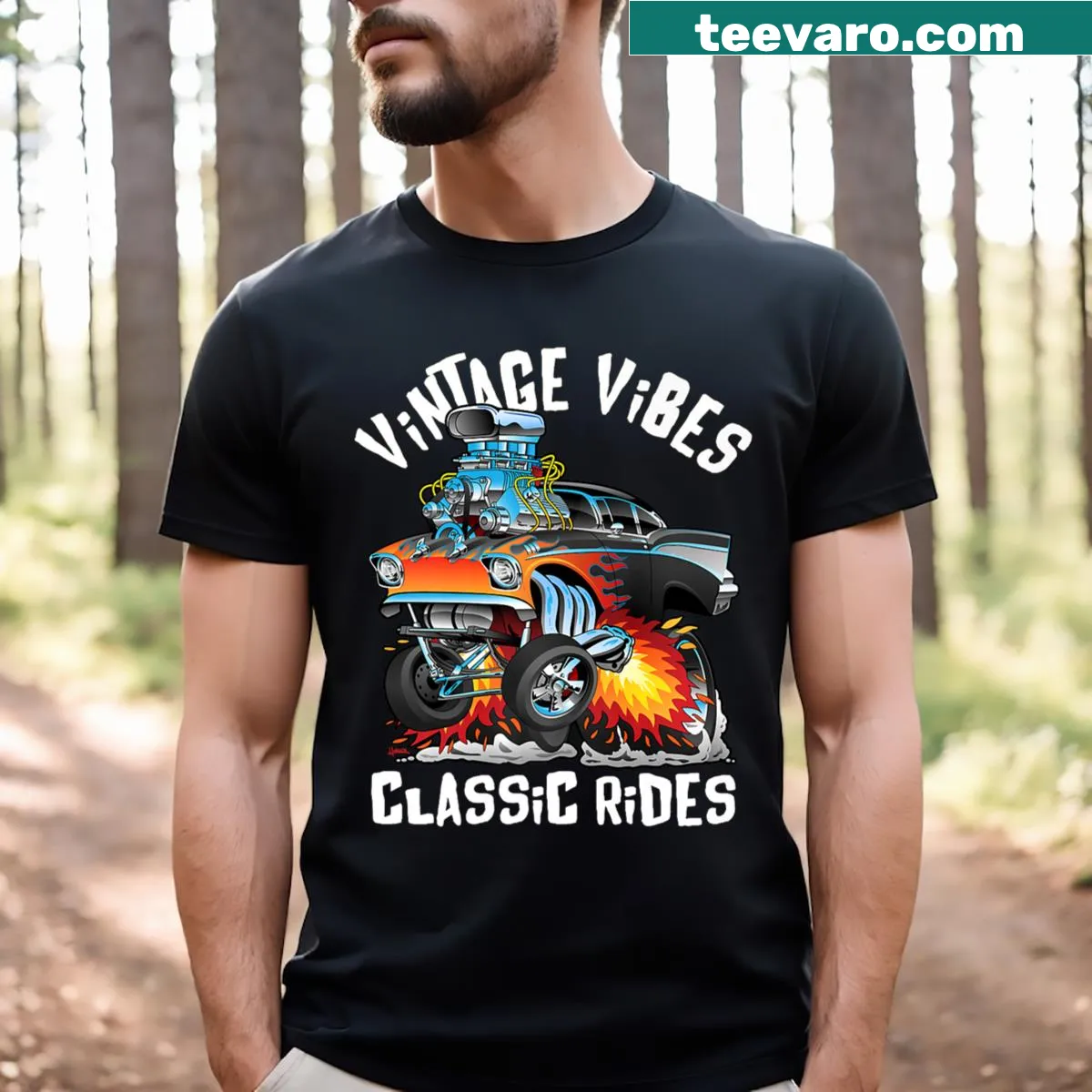 Cartoon art t-shirt featuring retro cars and vintage vibes — on a men's t-shirt