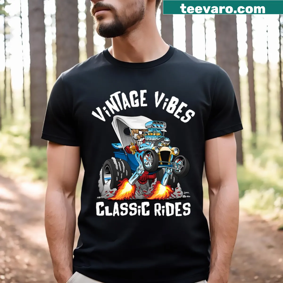 V-neck cartoon art of a retro car vintage T-shirt — on a men's t-shirt
