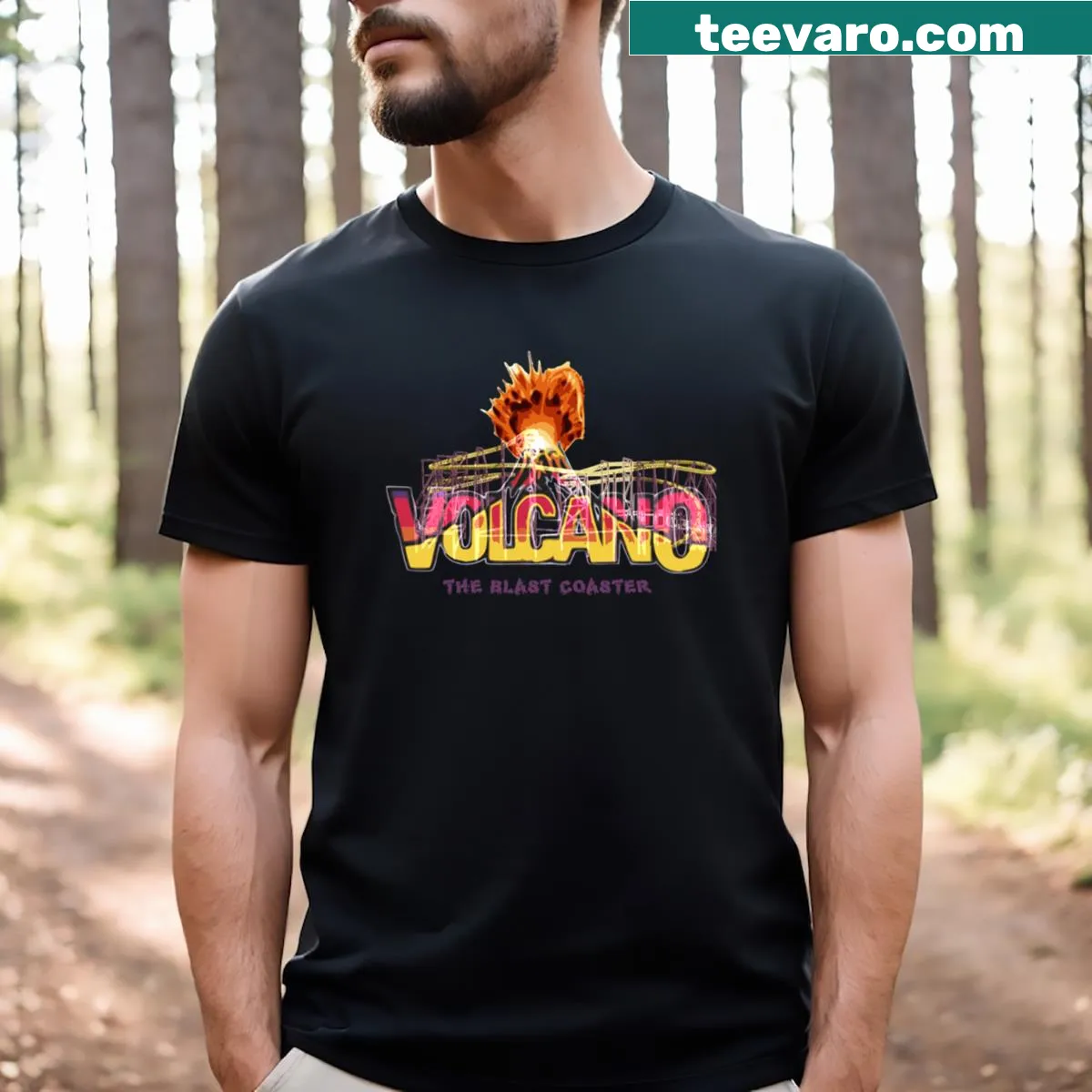 Illustration of an erupting volcano with dynamic graphics — on a men's t-shirt