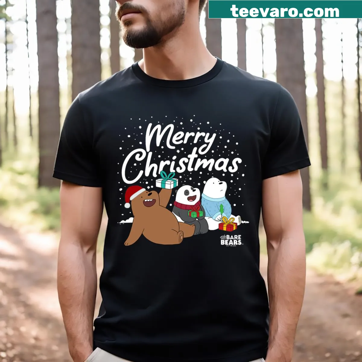 We Bare Bears characters with Christmas presents design — on a men's t-shirt