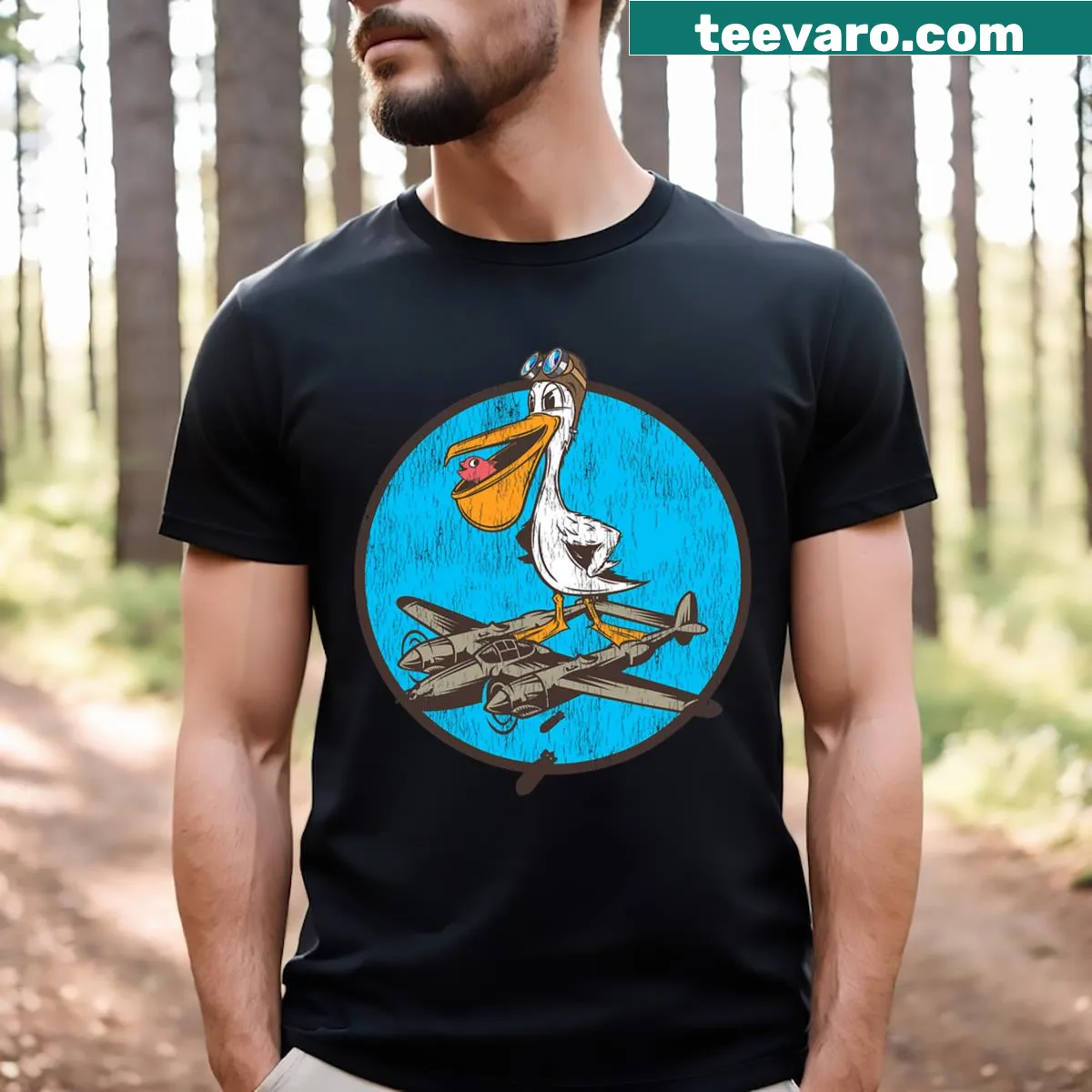 WWII P-38 Fighter Pilot patch design on a veteran's t-shirt — on a men's t-shirt