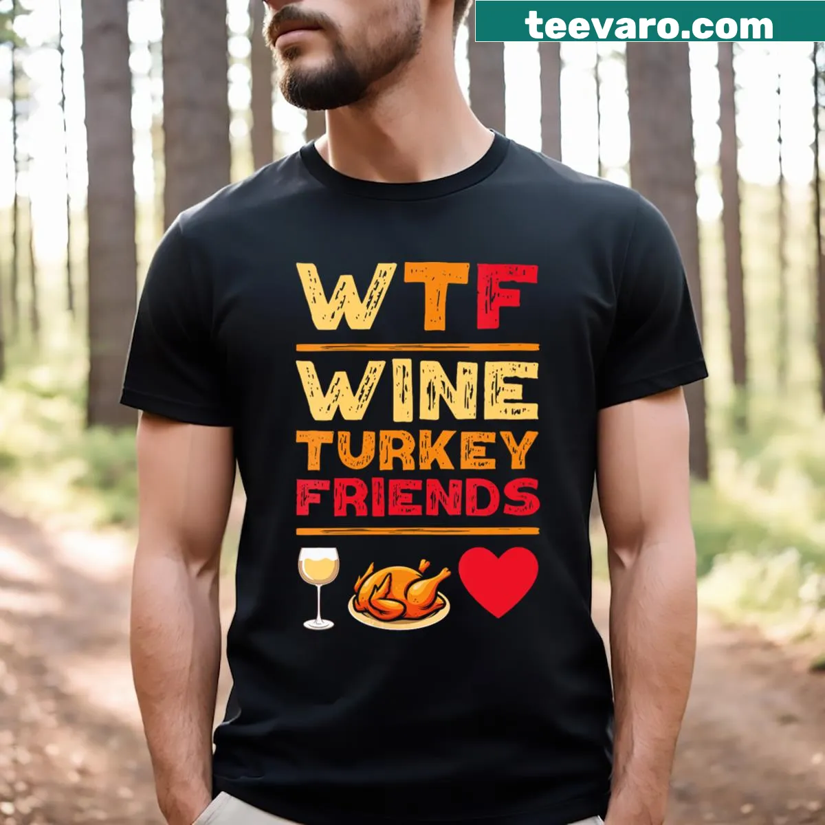 Funny Thanksgiving v-neck shirt with text about wine and turkey — on a men's t-shirt