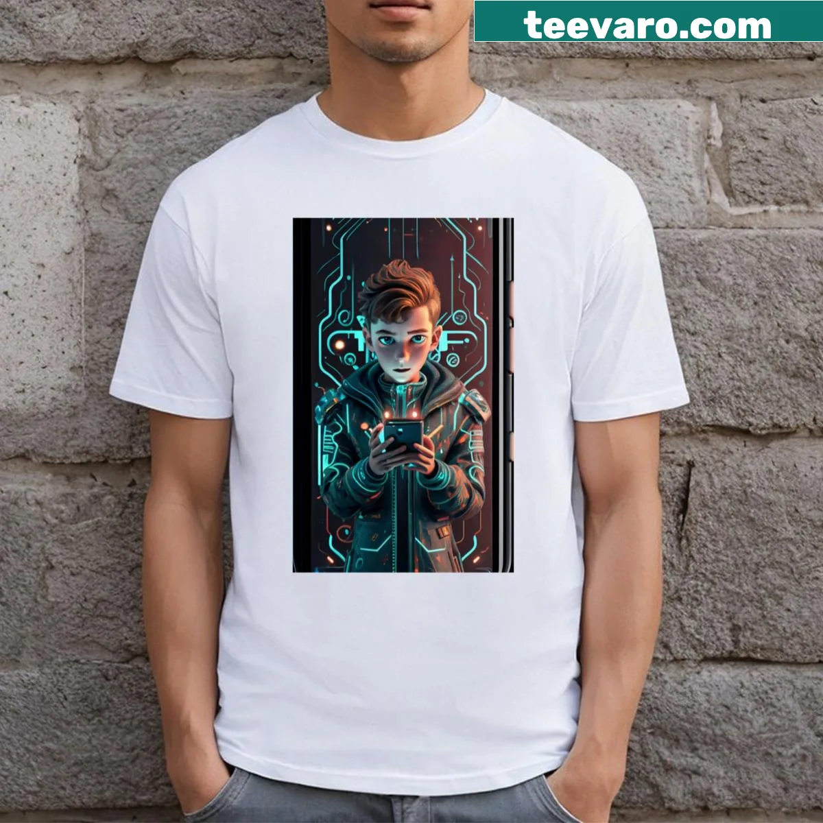Futuristic boy with smartphone illustration on a T-shirt — on a men's t-shirt