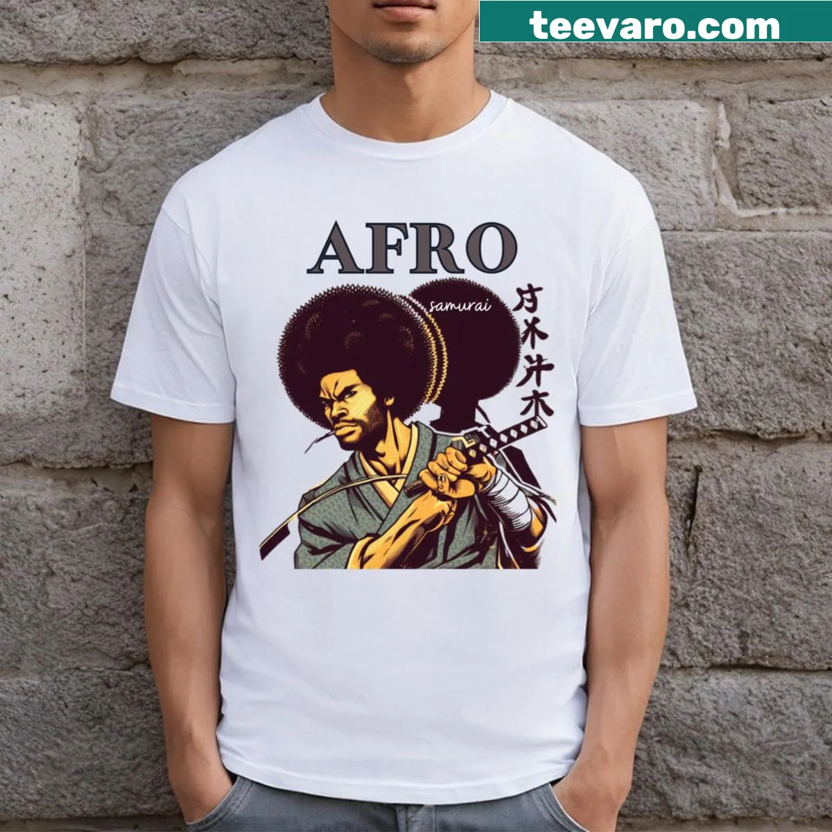 Afro Samurai cartoon graphic T-shirt featuring iconic character — on a men's t-shirt