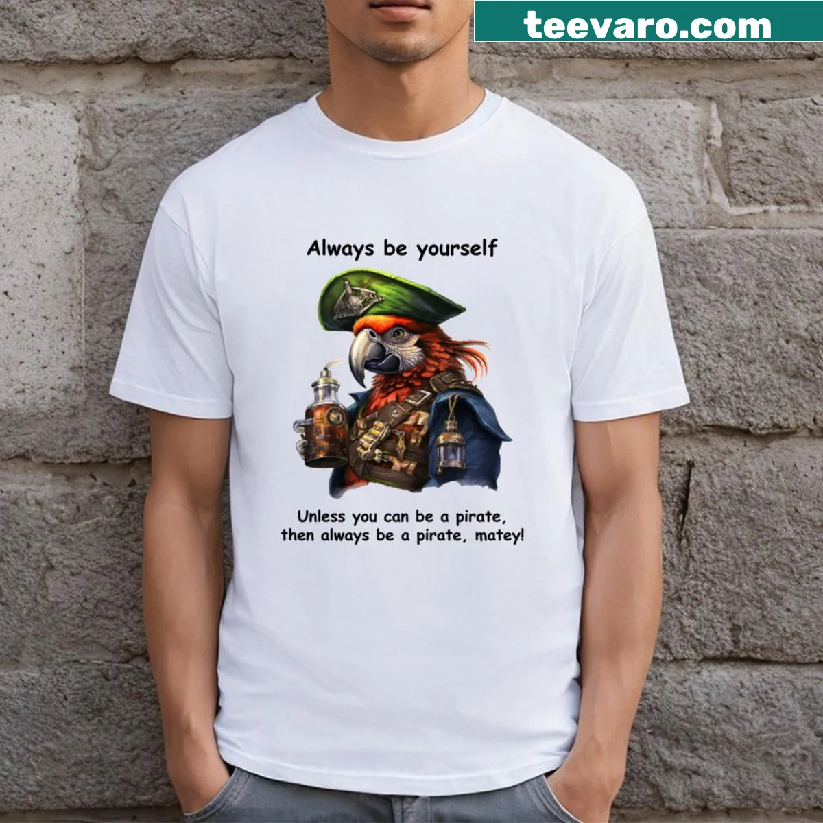 Pirate-themed t-shirt with motivational text — on a men's t-shirt