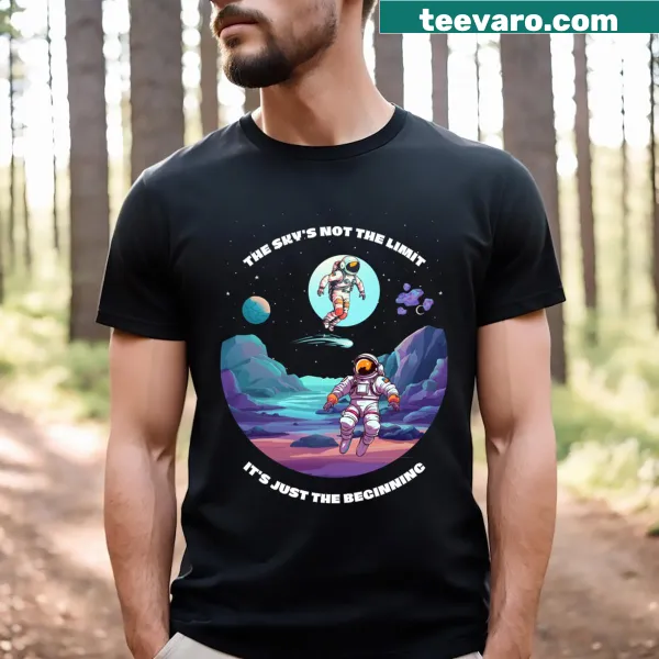 Playful astronaut graphic T-shirt featuring whimsical space exploration illustrations