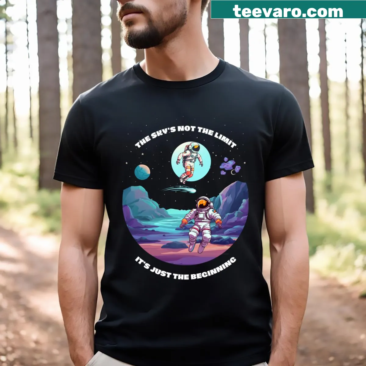 Playful astronaut graphic T-shirt featuring whimsical space exploration illustrations — on a men's t-shirt