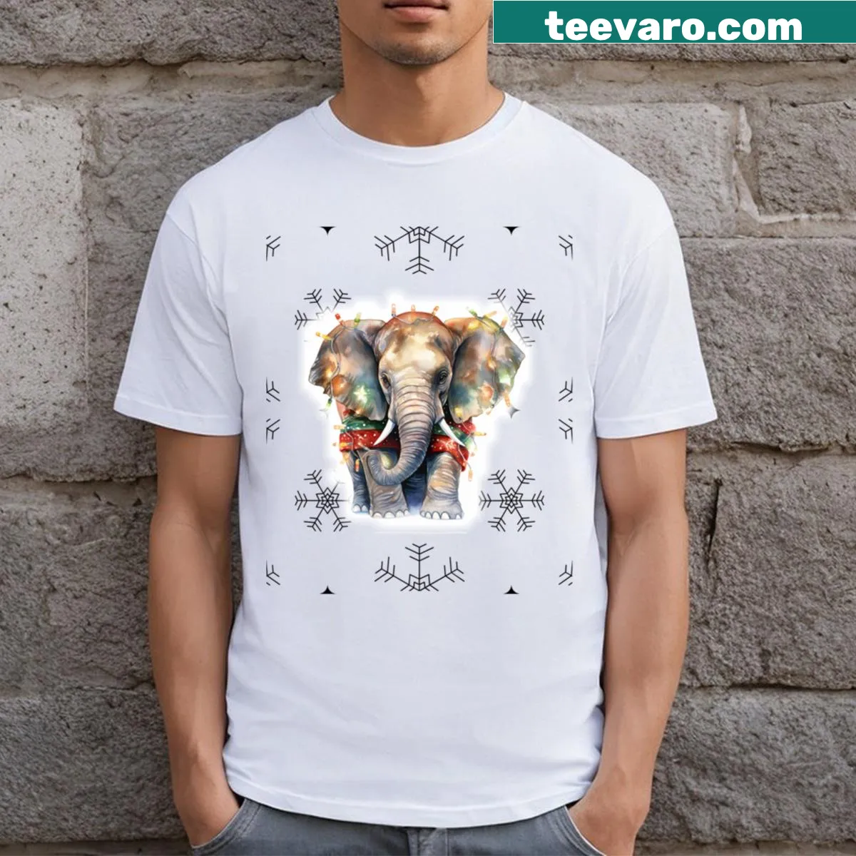 Cute baby elephant in festive design on T-shirt — on a men's t-shirt