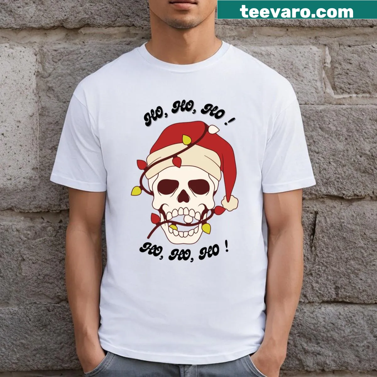 Bah Humbug text in bold font on T-shirt — on a men's t-shirt