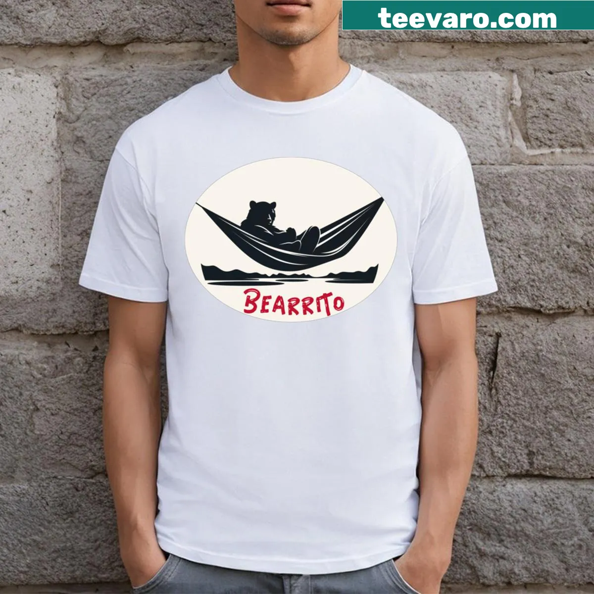 Cute illustration of a bear relaxing in a hammock on a T-shirt. — on a men's t-shirt