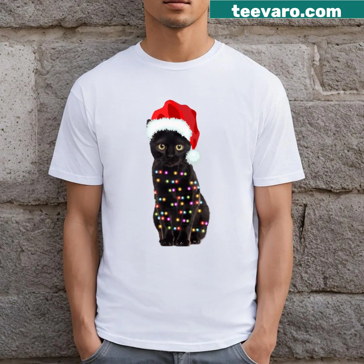 Funny black cat in Christmas lights design on festive T-shirt — on a men's t-shirt