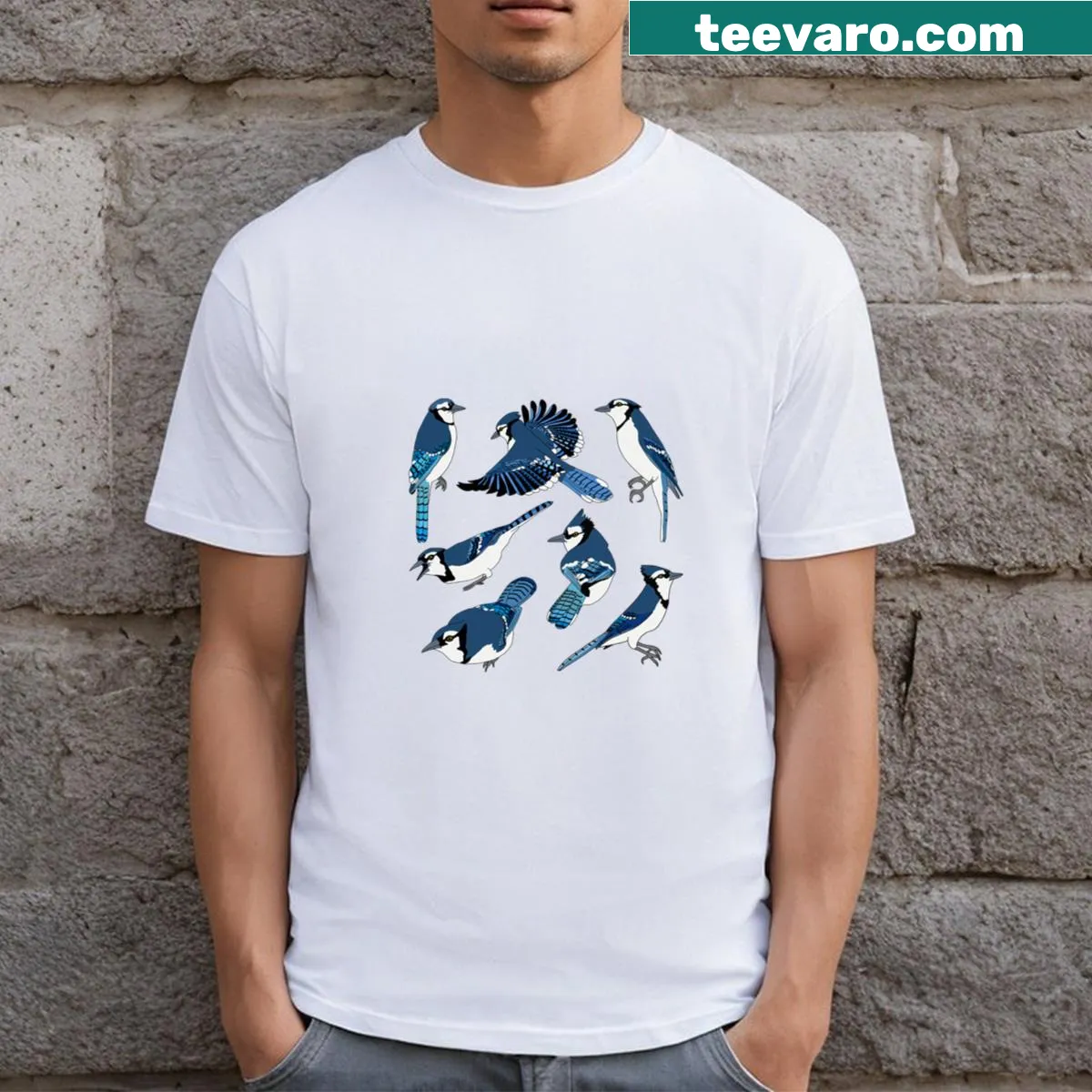 Artistic representation of blue jays on a T-shirt. — on a men's t-shirt