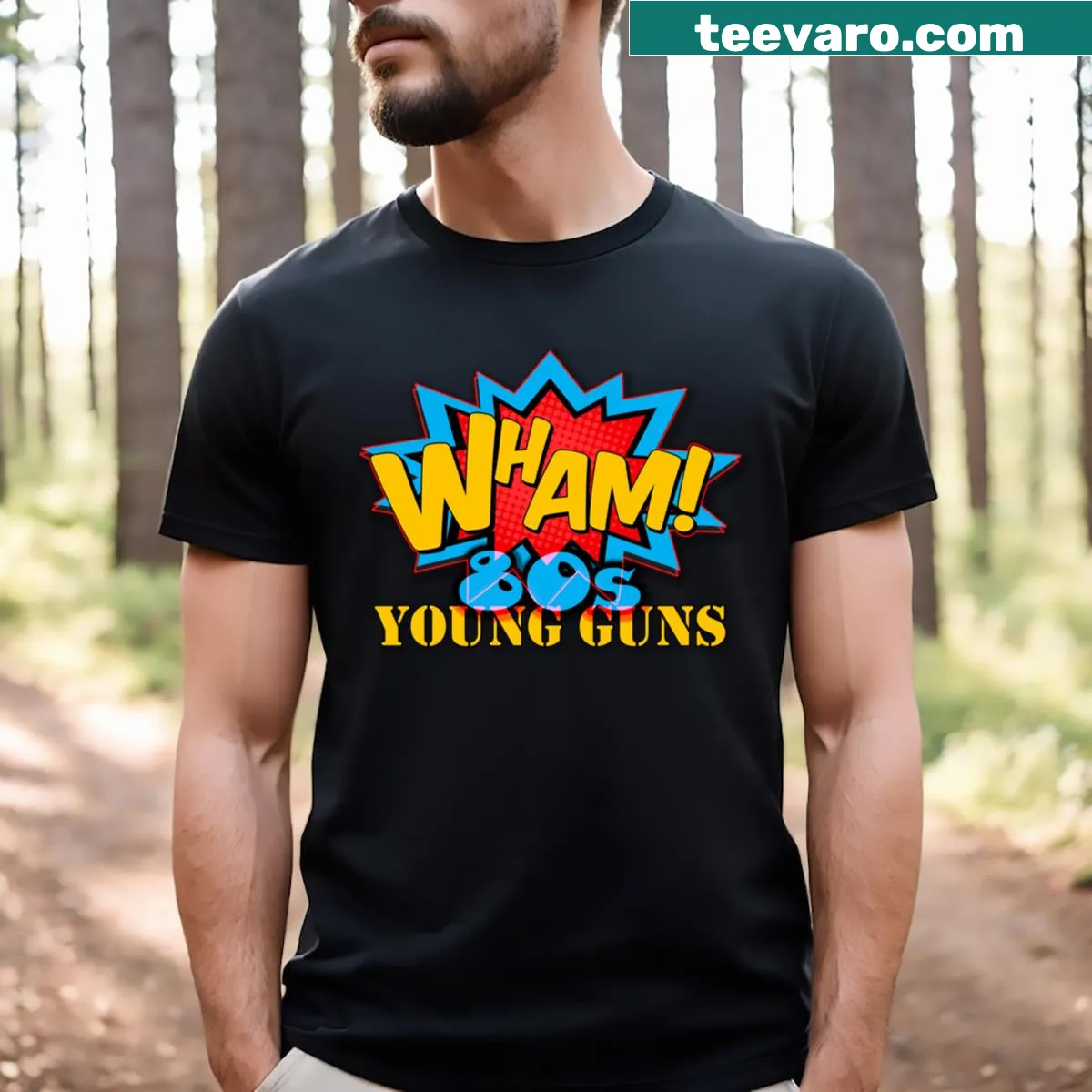 Wham! Young Guns T-shirt with playful typography design — on a men's t-shirt