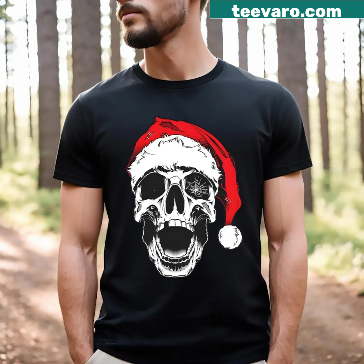 Christmas themed T-shirt with skull graphic — on a men's t-shirt