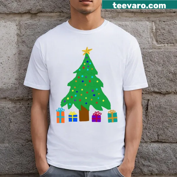 Illustrated Christmas tree with presents design on T-shirt