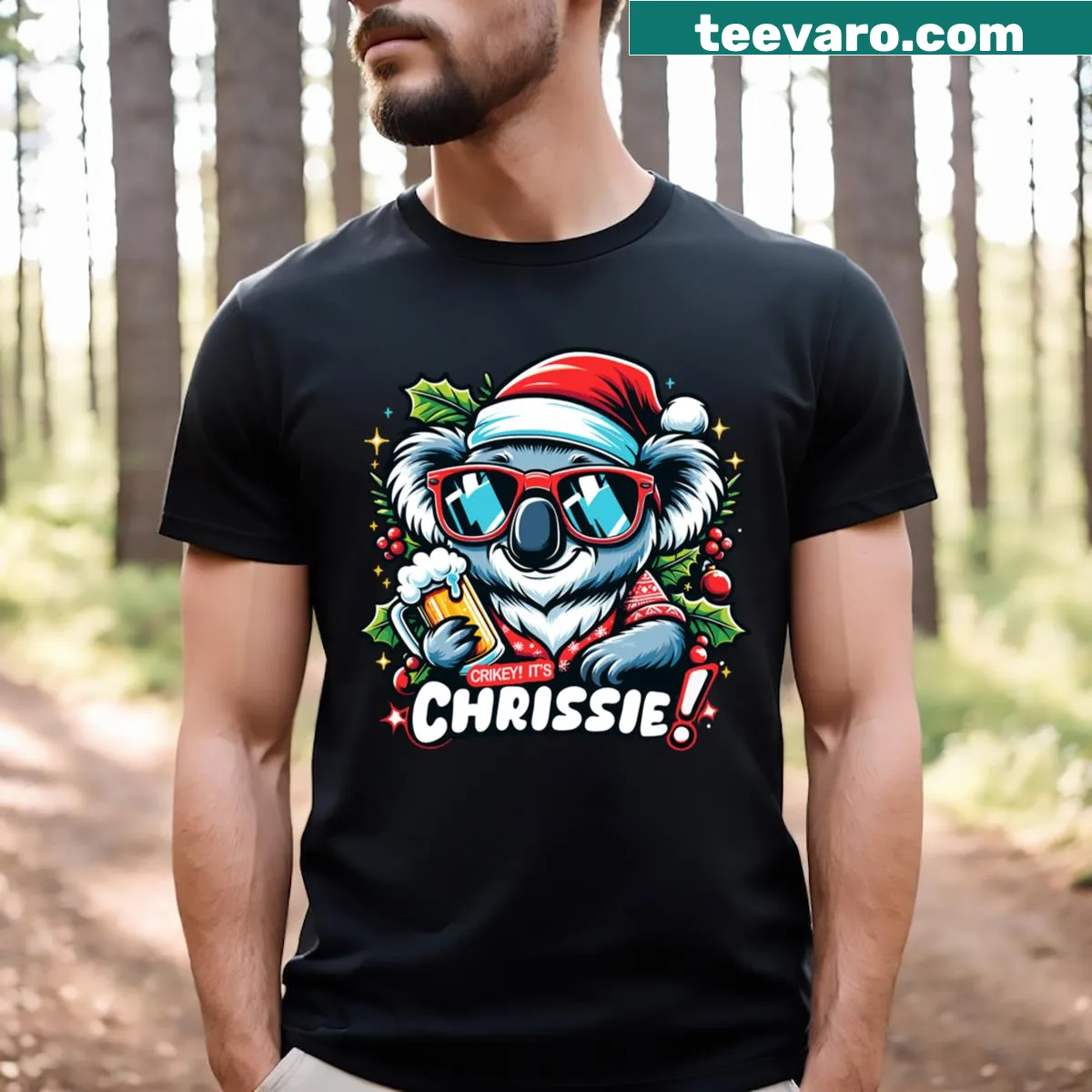Aussie Christmas design on T-shirt with playful illustrations — on a men's t-shirt