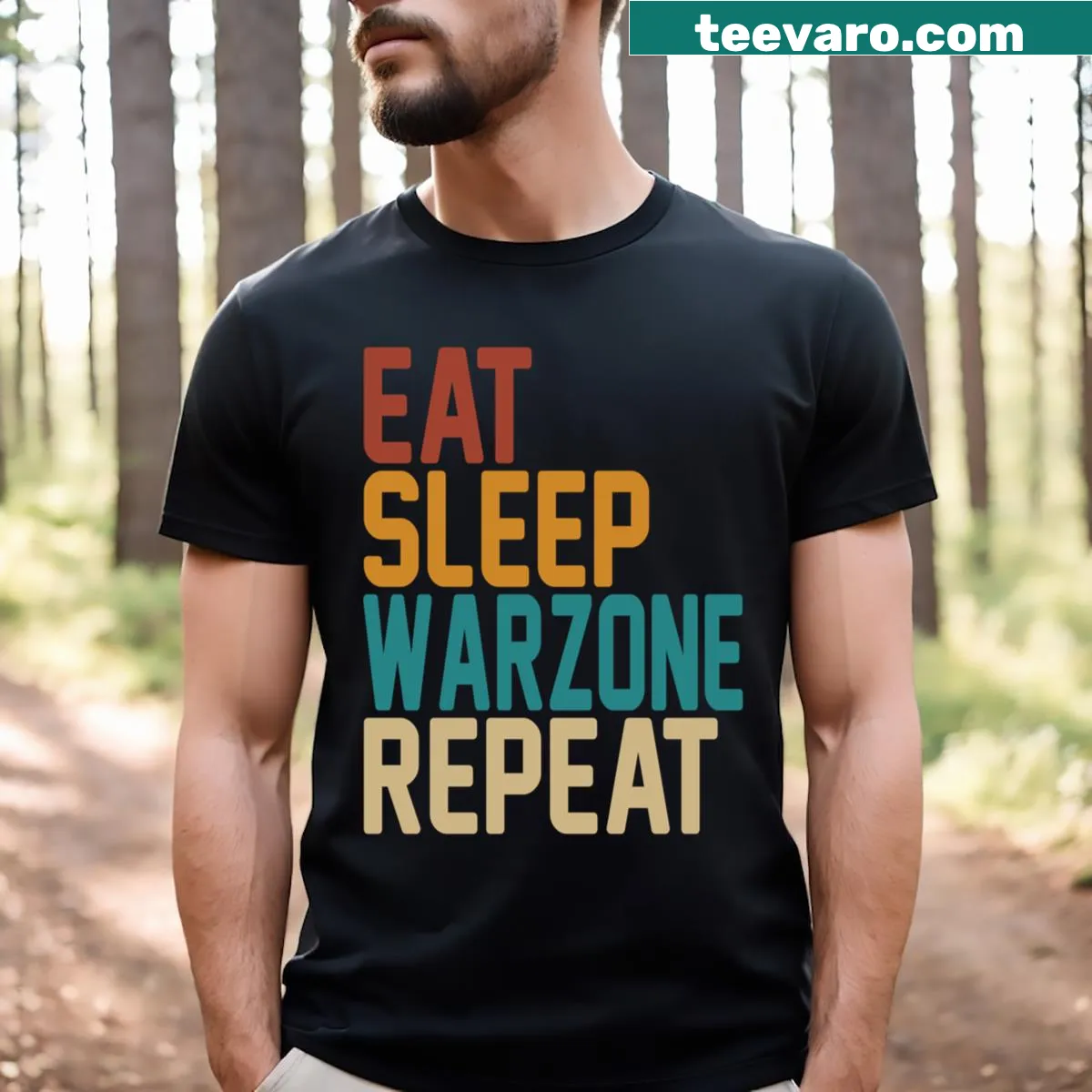 Retro graphic featuring the phrase 'Eat Sleep Warzone Repeat' for gamers — on a men's t-shirt