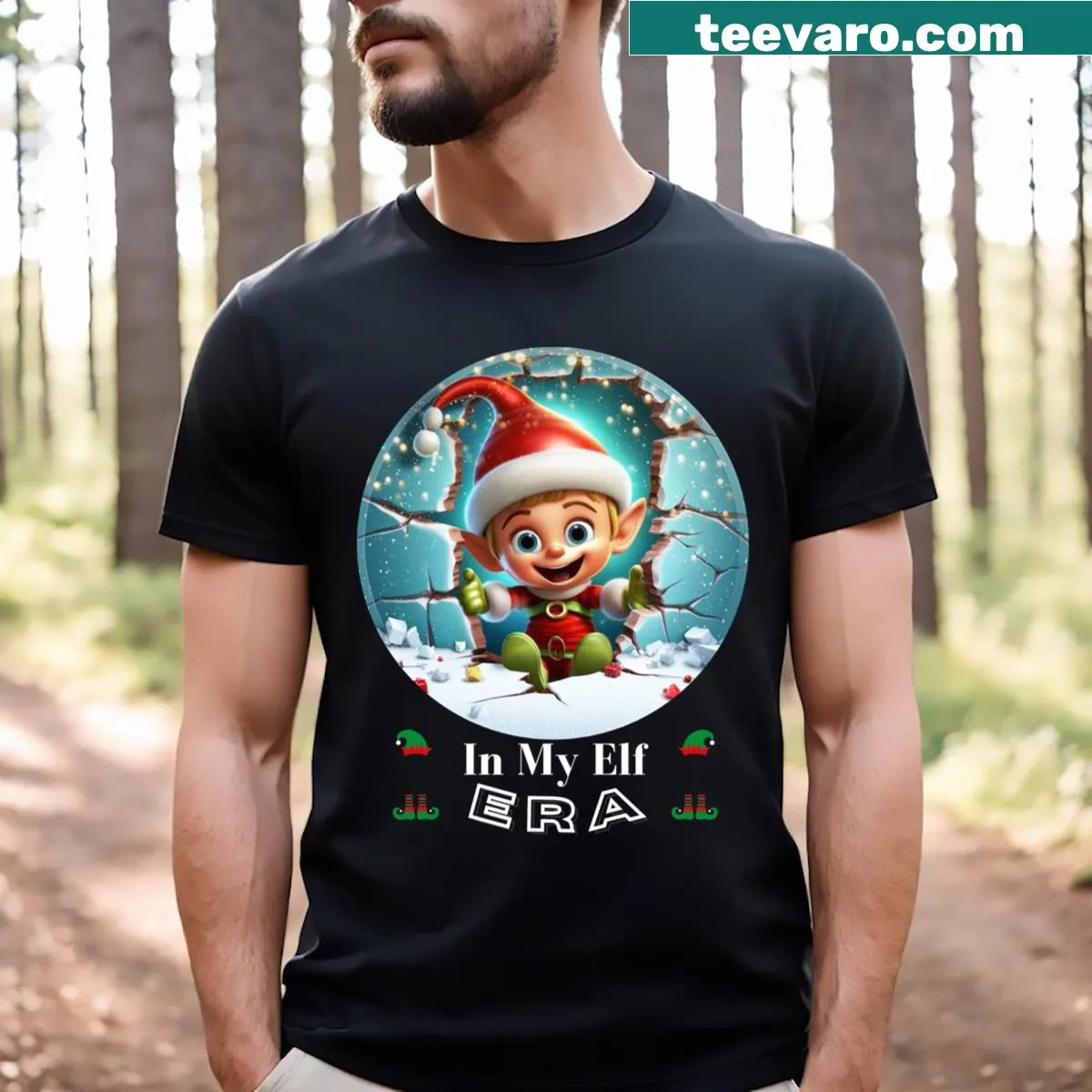 Matching family Christmas T-shirt with funny elf graphics — on a men's t-shirt