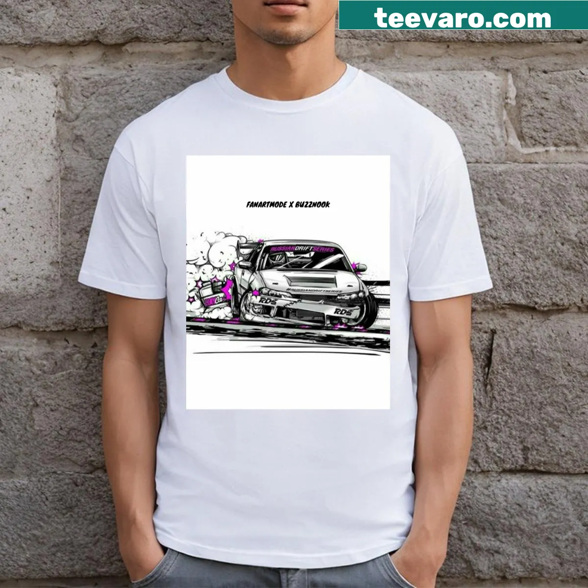 Fanartmode and Buzznook collaboration typography T-shirt — on a men's t-shirt