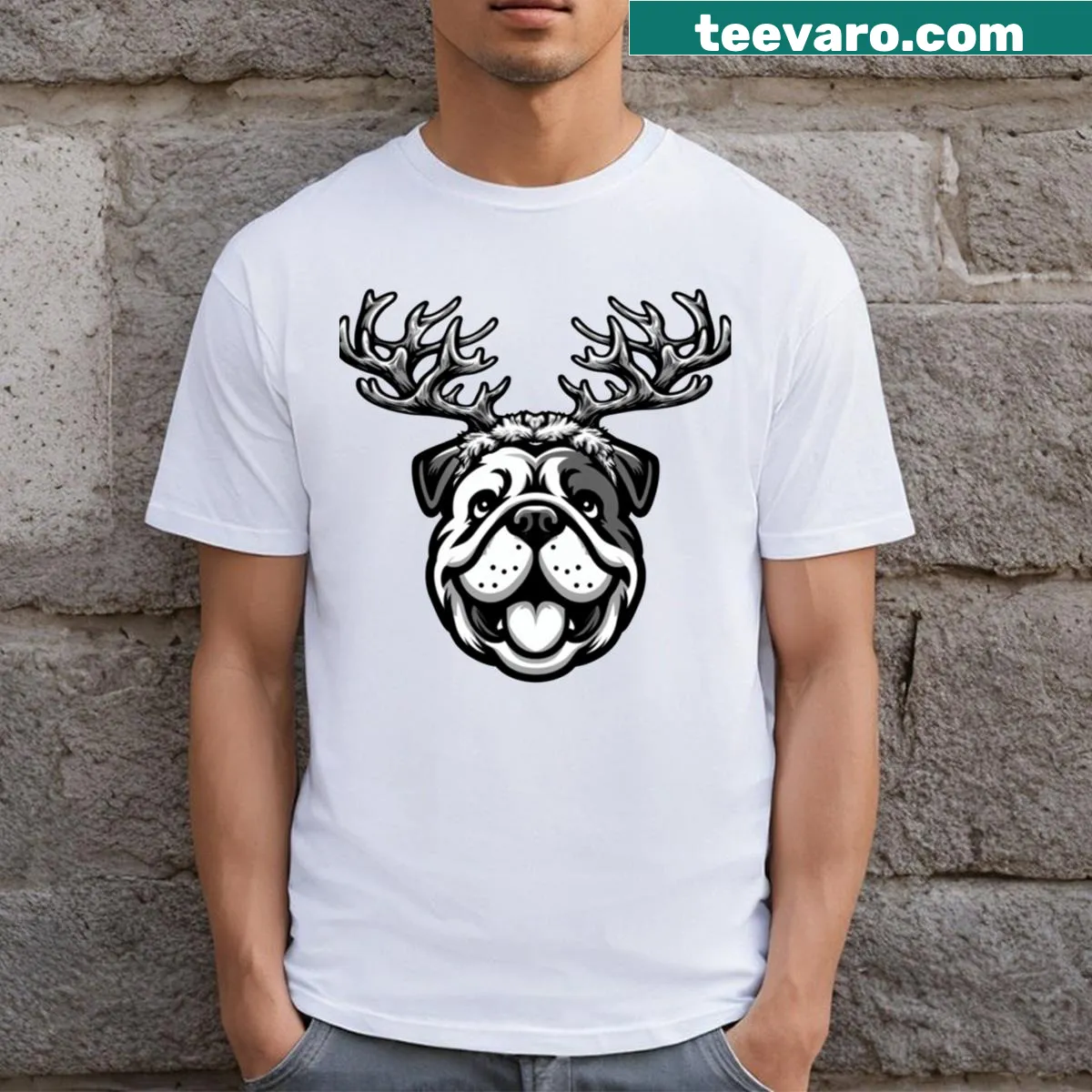 Festive bulldog T-shirt with a joyful dog in a Christmas sweater — on a men's t-shirt