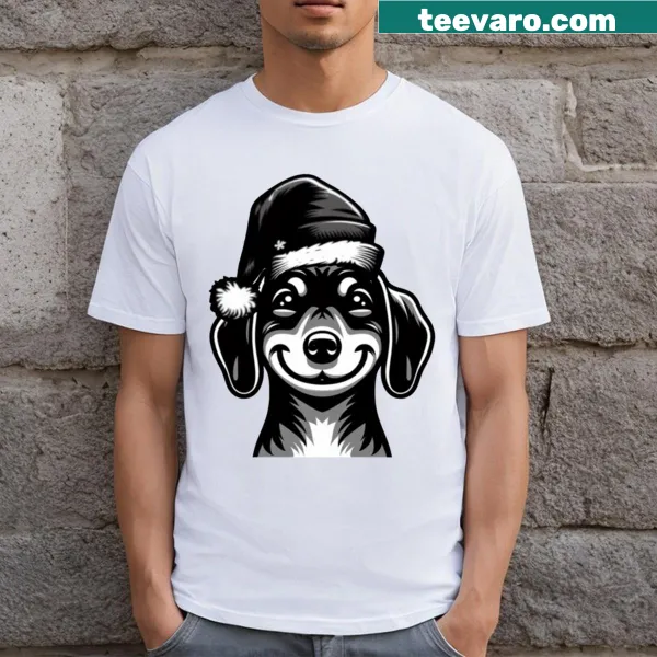 Festive dachshund T-shirt with holiday illustrations and decorations