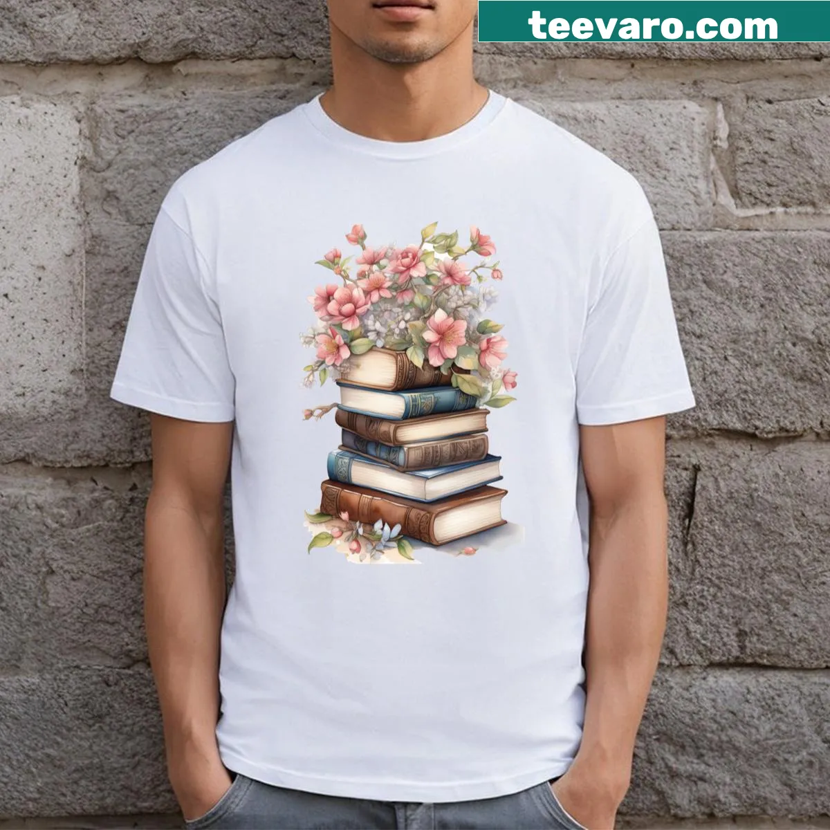 Nature and reading-themed t-shirt with floral and book illustration — on a men's t-shirt