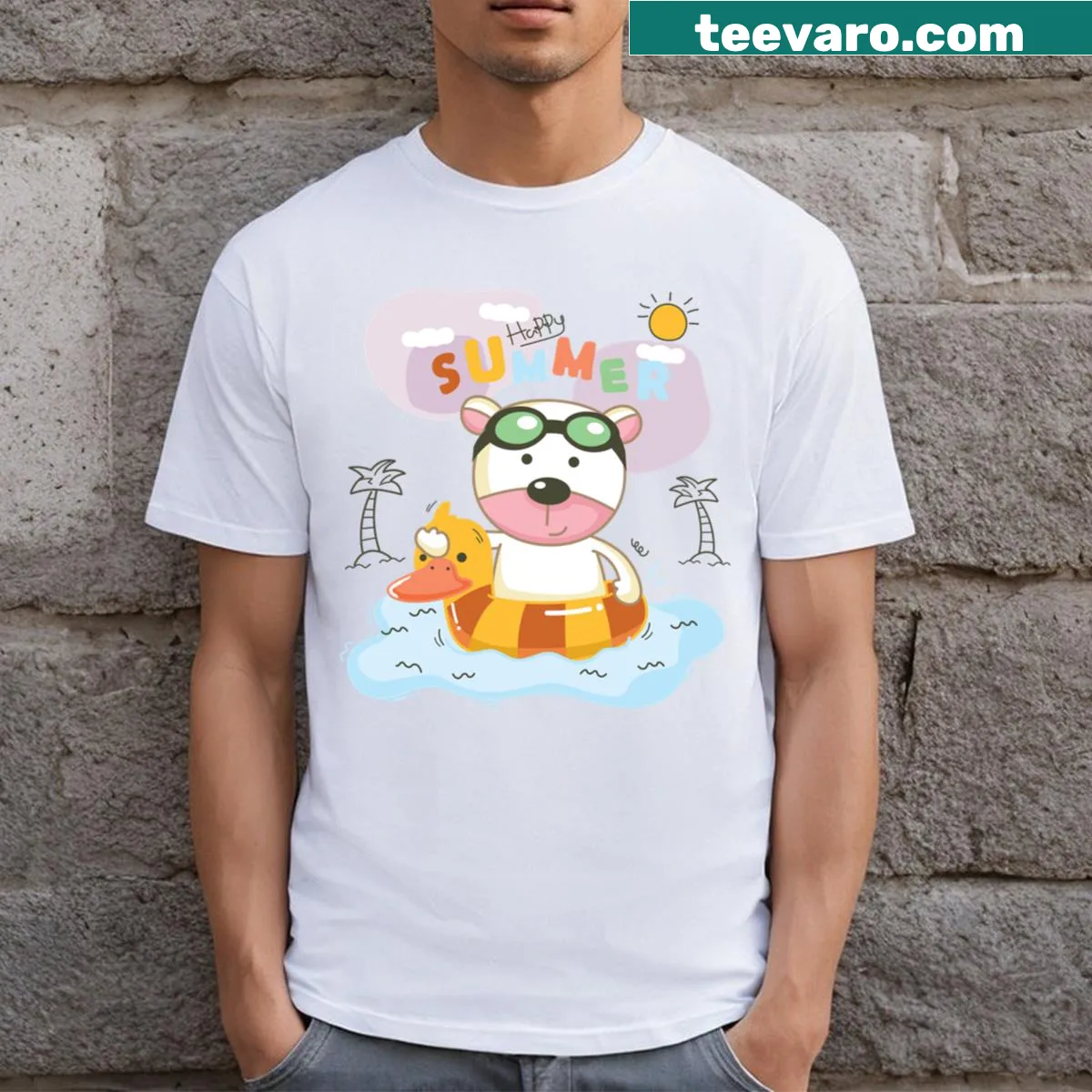 Cartoon bear in a pool with duck buoy, perfect for kids' summer wear — on a men's t-shirt