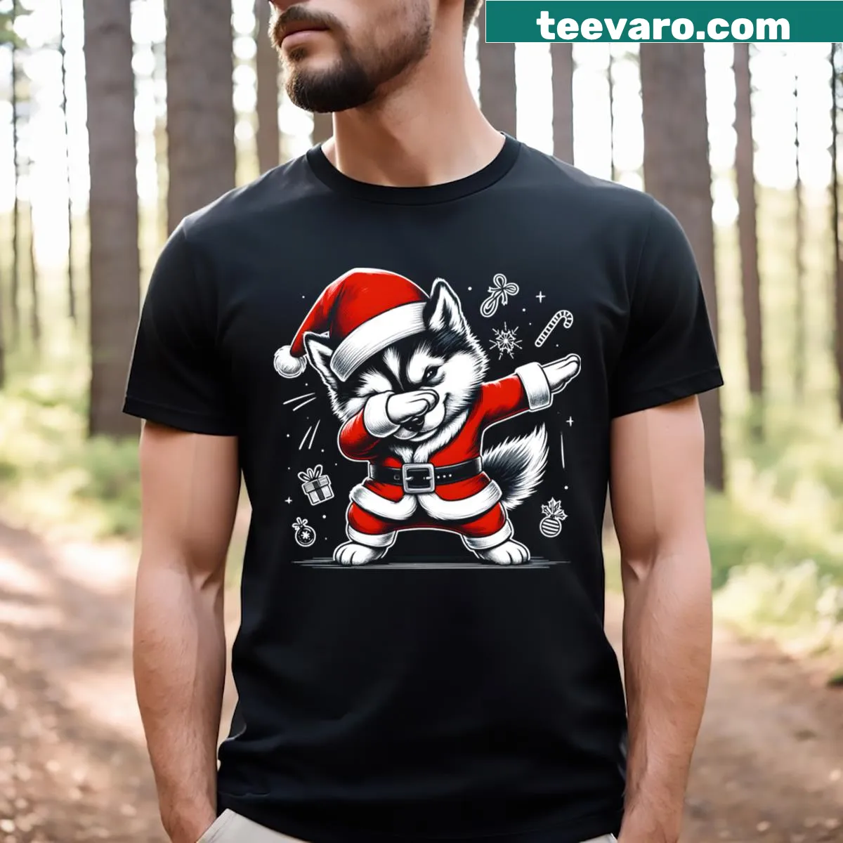 Dabbing husky with Santa hat illustration on a Christmas t-shirt — on a men's t-shirt