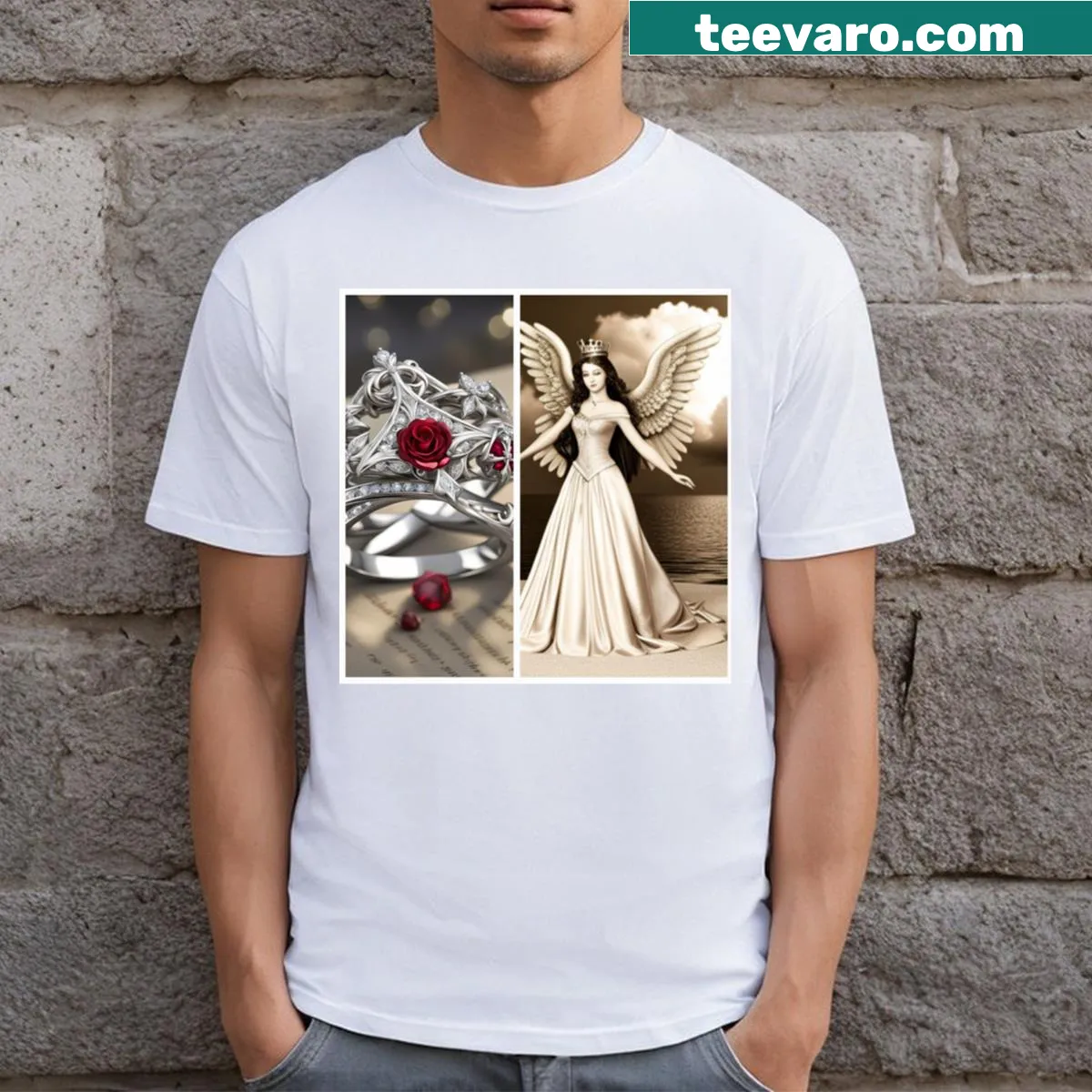Gothic-inspired T-shirt featuring elegant dark beauty graphic — on a men's t-shirt