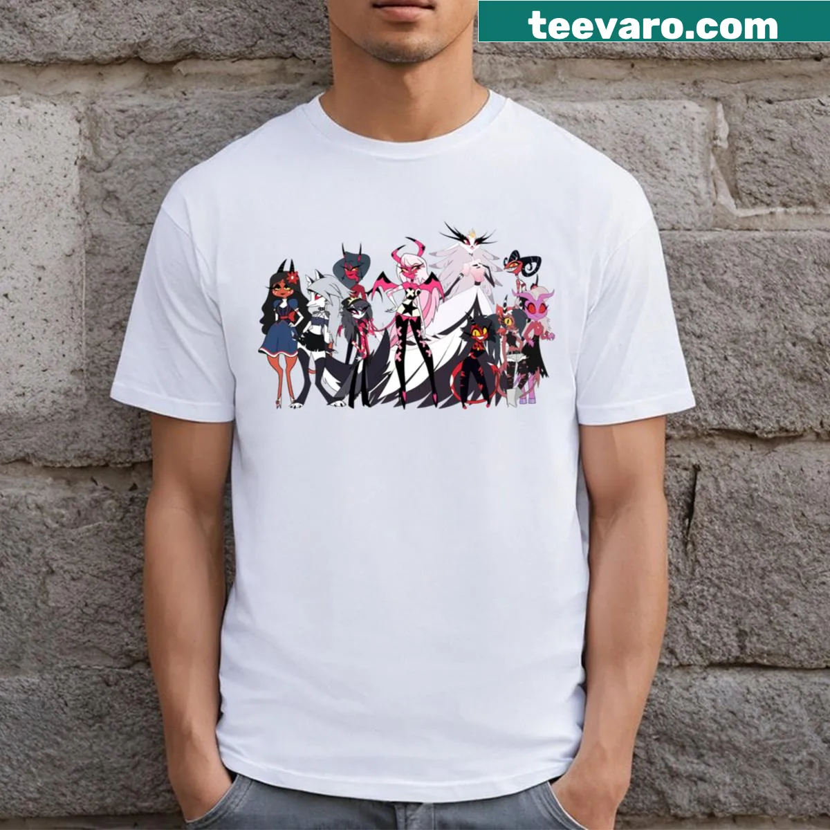 Helluva Boss-themed Christmas T-shirt with playful characters — on a men's t-shirt