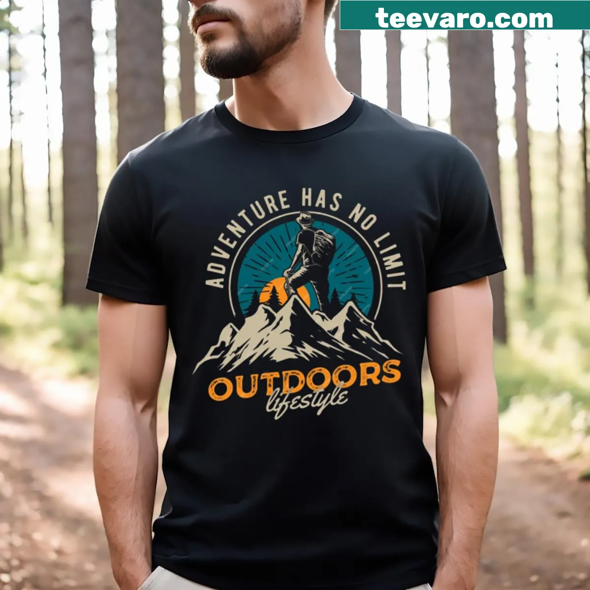 T-shirt depicting a hiker climbing a mountain — on a men's t-shirt