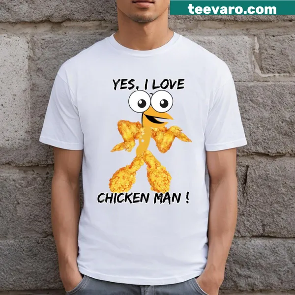 T-shirt celebrating Chicken Man with whimsical food graphics