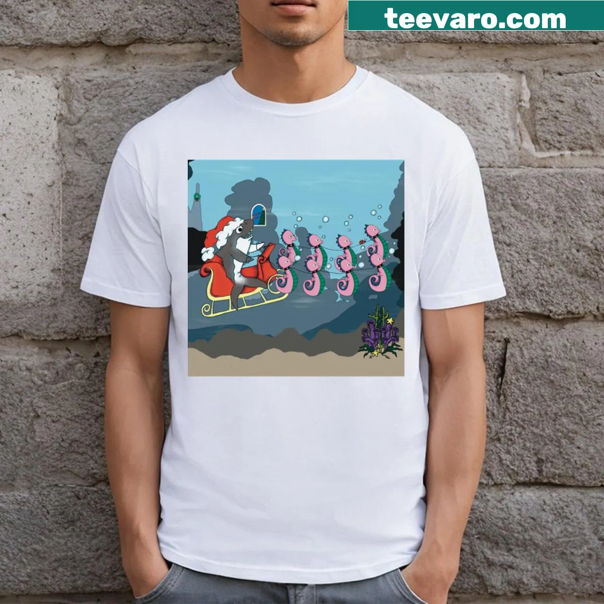 Festive typography shirt with holiday-themed text for Christmas — on a men's t-shirt