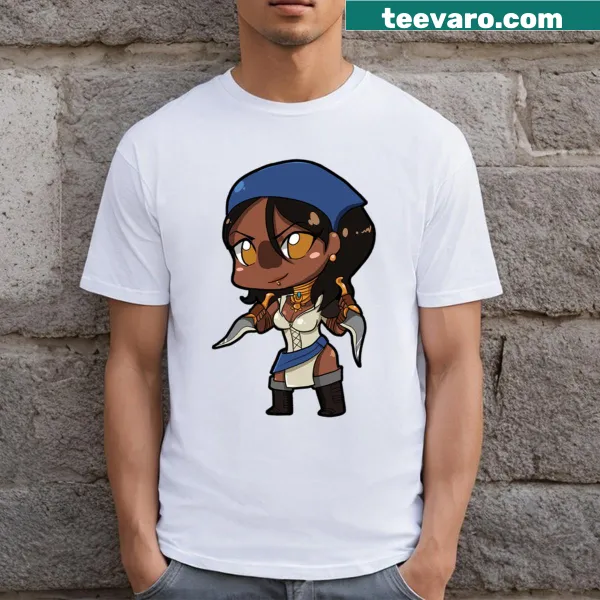 Cute chibi character Isabella illustrated on a kids' T-shirt
