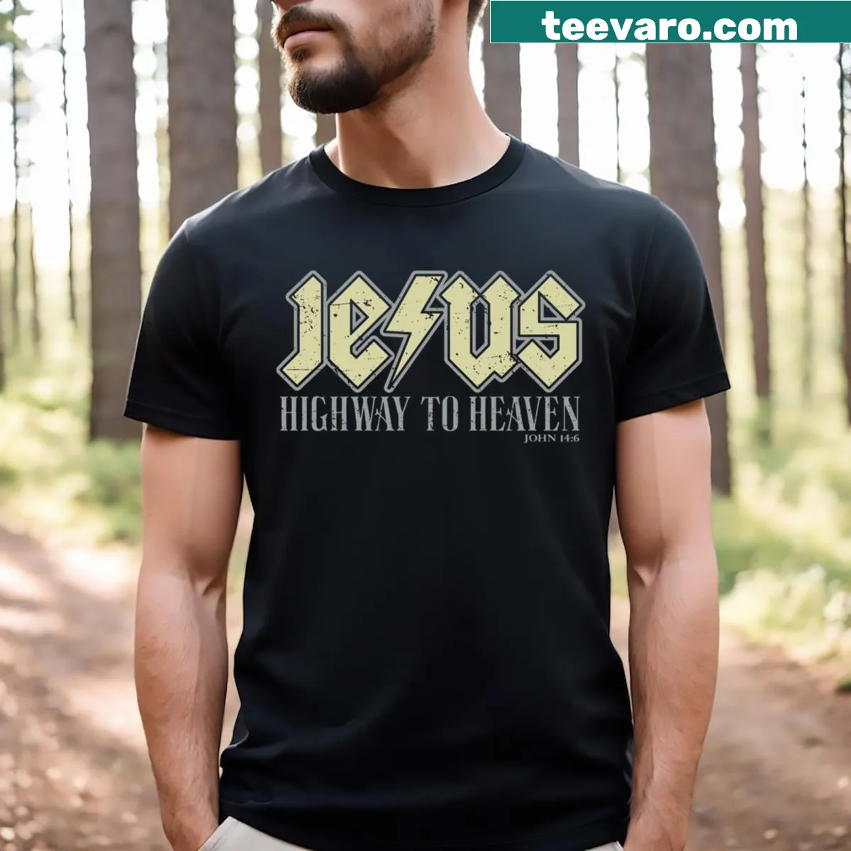 Edgy faith-themed tee referencing Jesus and rock culture — on a men's t-shirt