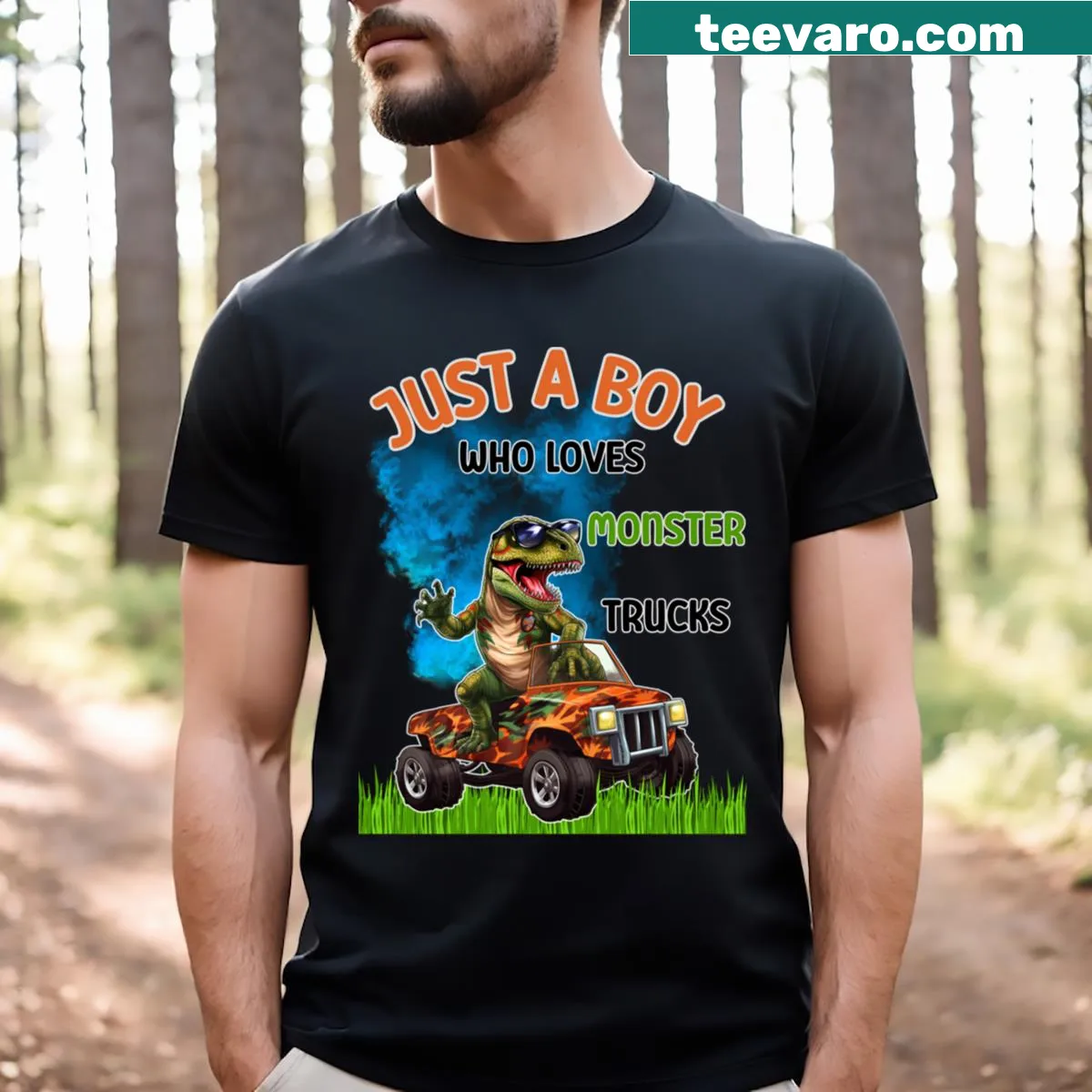 Fun monster truck graphic tee for boys who love vehicles — on a men's t-shirt
