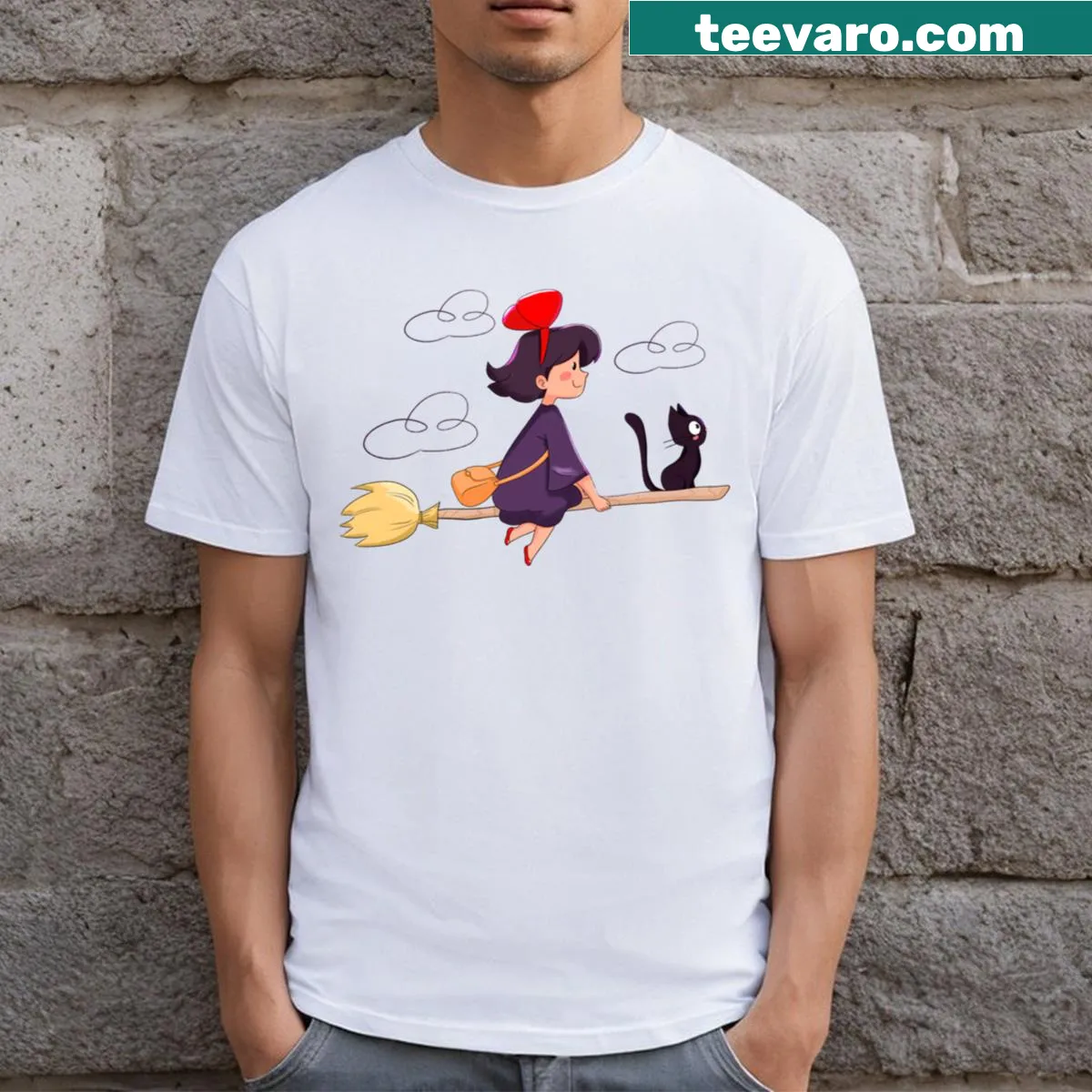 Kiki's Delivery Service T-shirt with Kiki and Jiji illustration — on a men's t-shirt