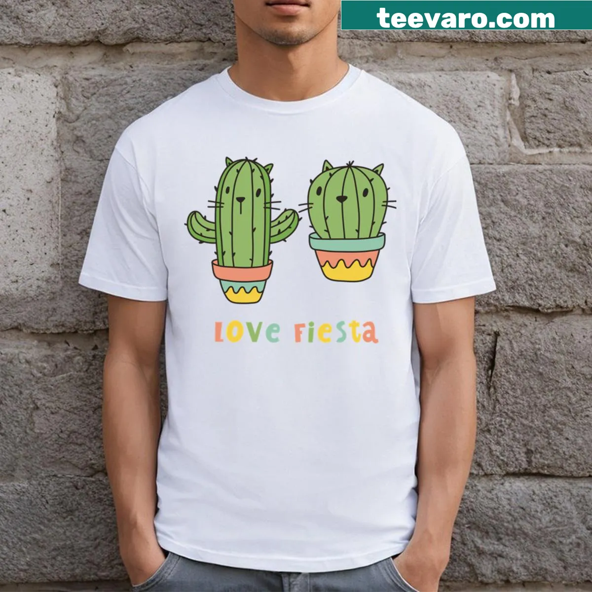Cute T-shirt featuring two cactus cat faces in kawaii style — on a men's t-shirt