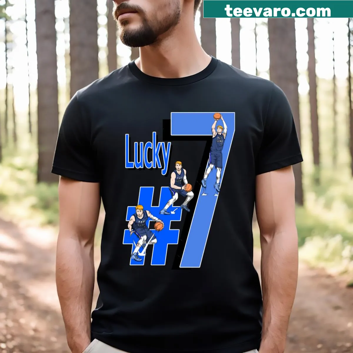 T-shirt with the phrase 'Lucky 7' in bold typography — on a men's t-shirt