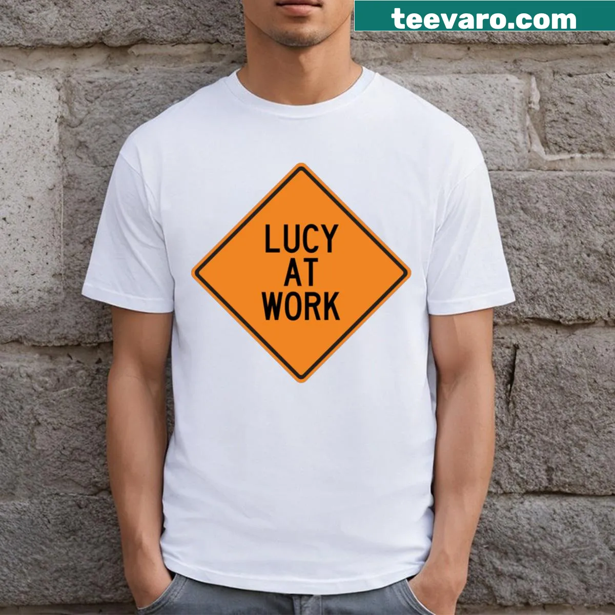 Funny warning sign graphic T-shirt that reads 'Lucy At Work.' — on a men's t-shirt