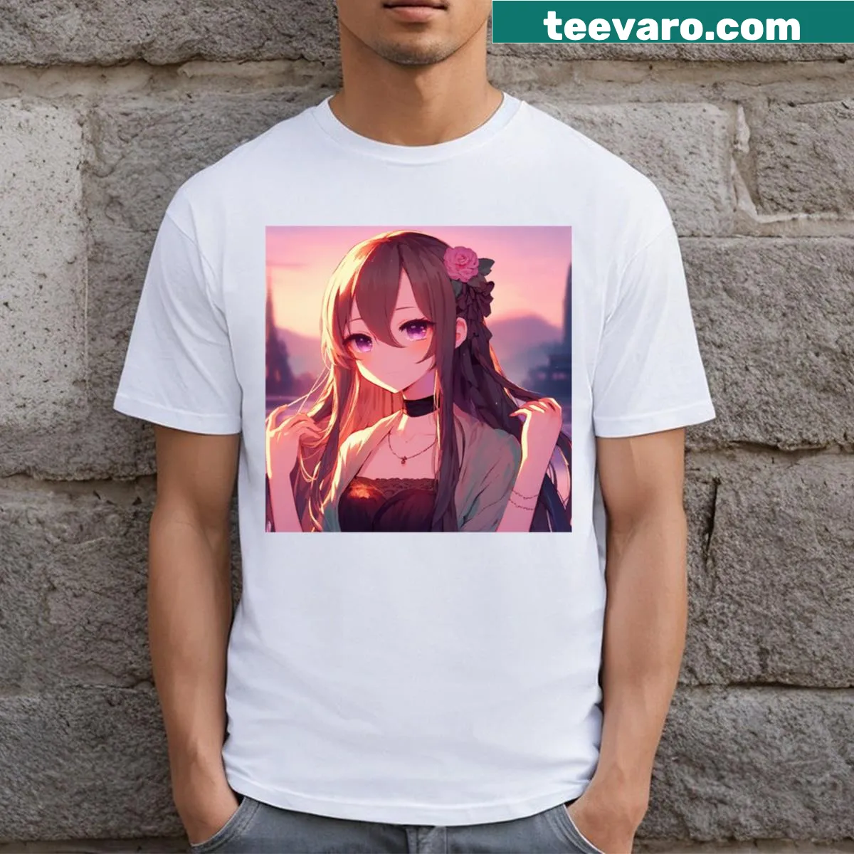 Anime-style Mona Lisa graphic design on a T-shirt — on a men's t-shirt