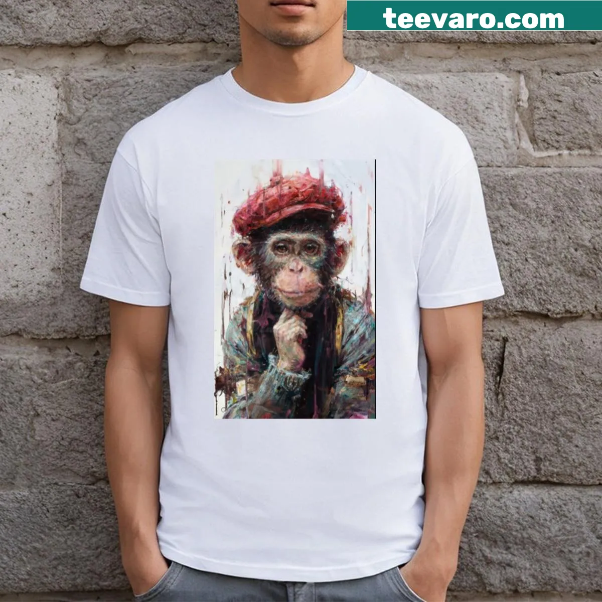 Artistic monkey print with oil paint brush strokes on T-shirt — on a men's t-shirt