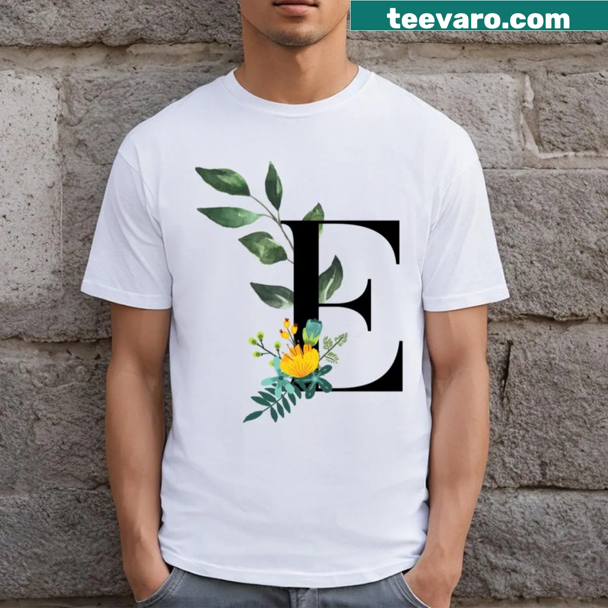 Monogram 'E' with floral calligraphy design on T-shirt — on a men's t-shirt