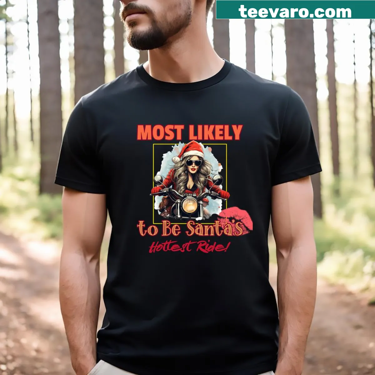 Funny Christmas-themed t-shirt with Santa's hottest ride text — on a men's t-shirt