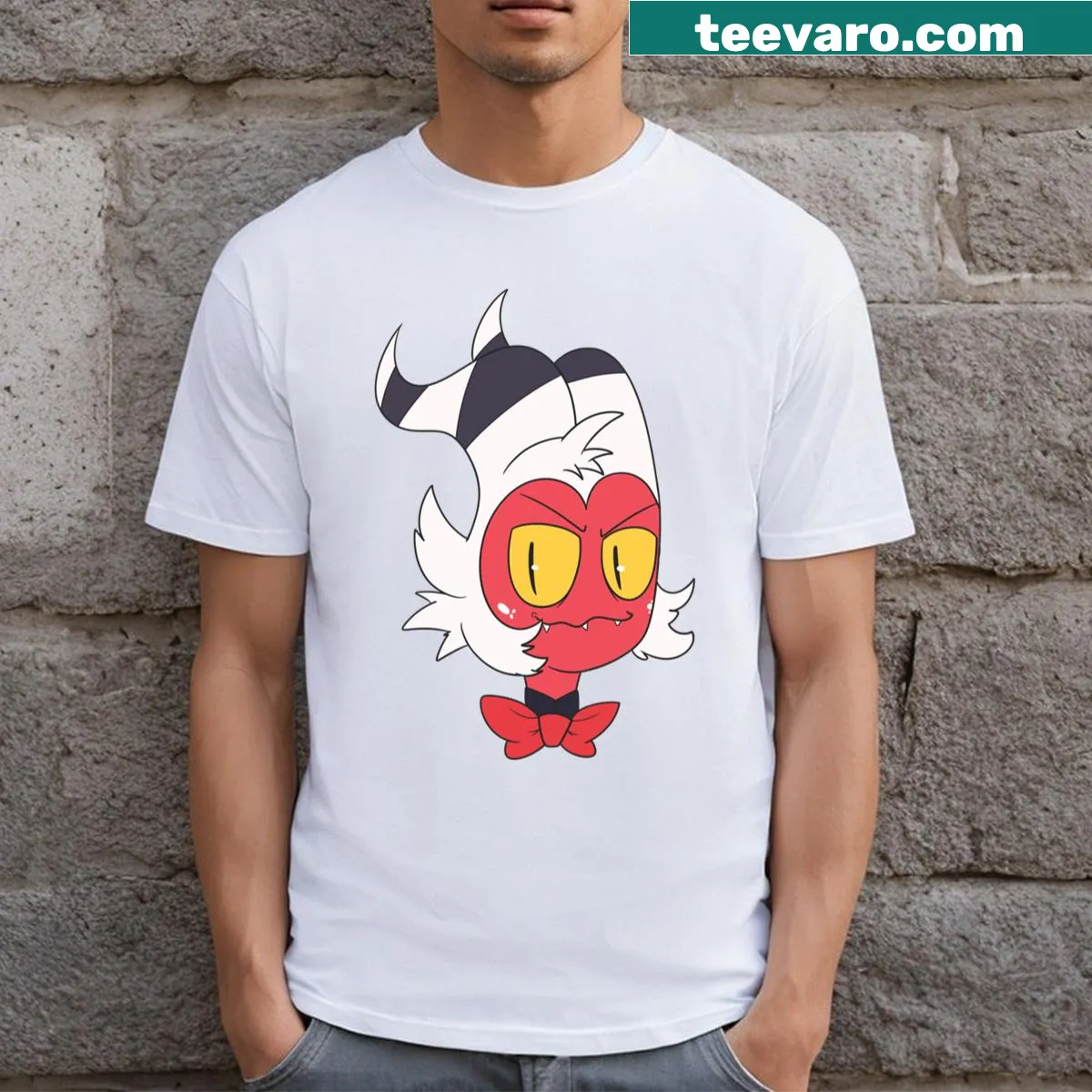 Illustration of Moxxie from Helluva Boss on a t-shirt — on a men's t-shirt