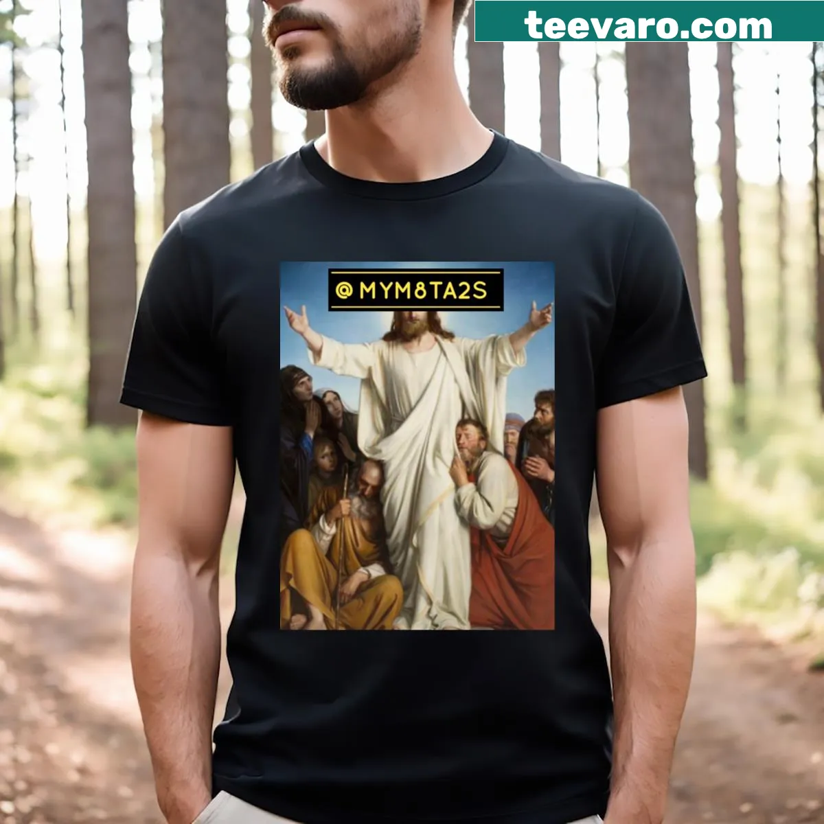 Mym8 Jc Jesu t-shirt featuring simple typography — on a men's t-shirt