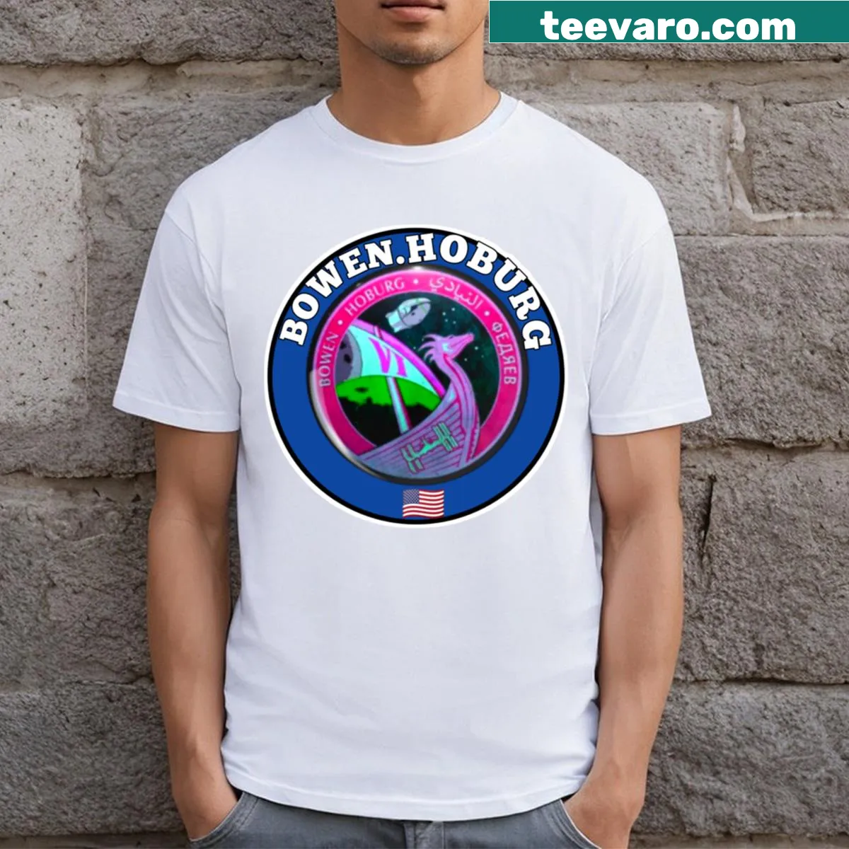 NASA and SpaceX Crew 6 badge graphic t-shirt for space enthusiasts. — on a men's t-shirt