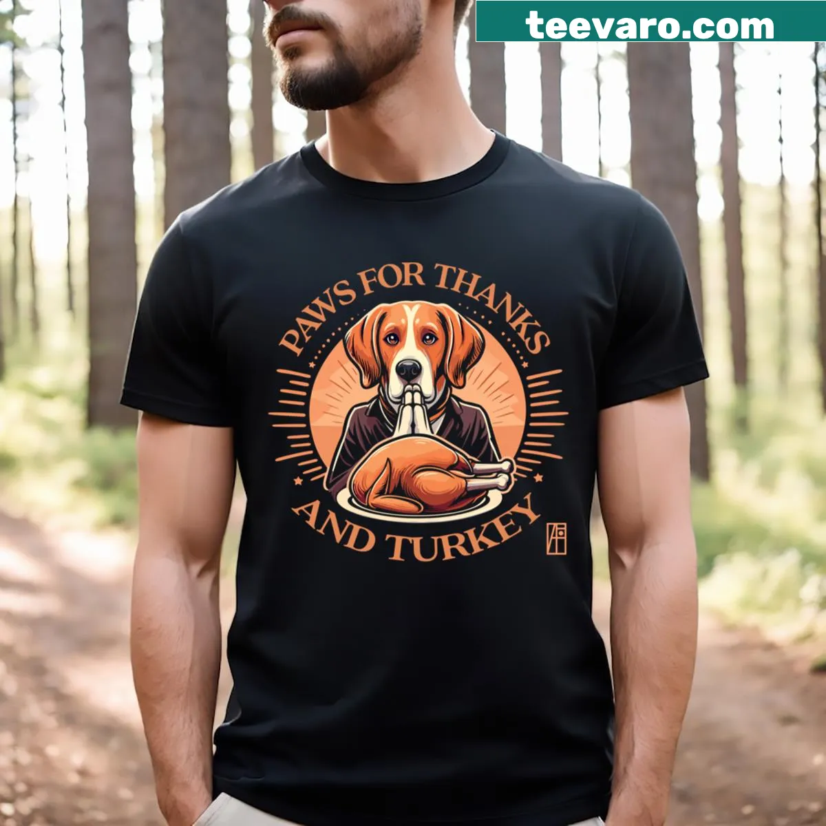 Thanksgiving T-shirt with dog-themed text 'Paws For Thanks - And Turkey!' — on a men's t-shirt
