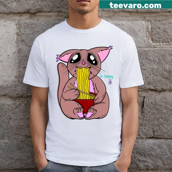 Cute cartoon of a kitty with ramen on a happiness t-shirt